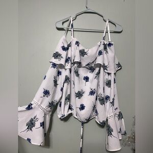 Off the Shoulder & Bell Sleeves White Blouse with Flowers for Women